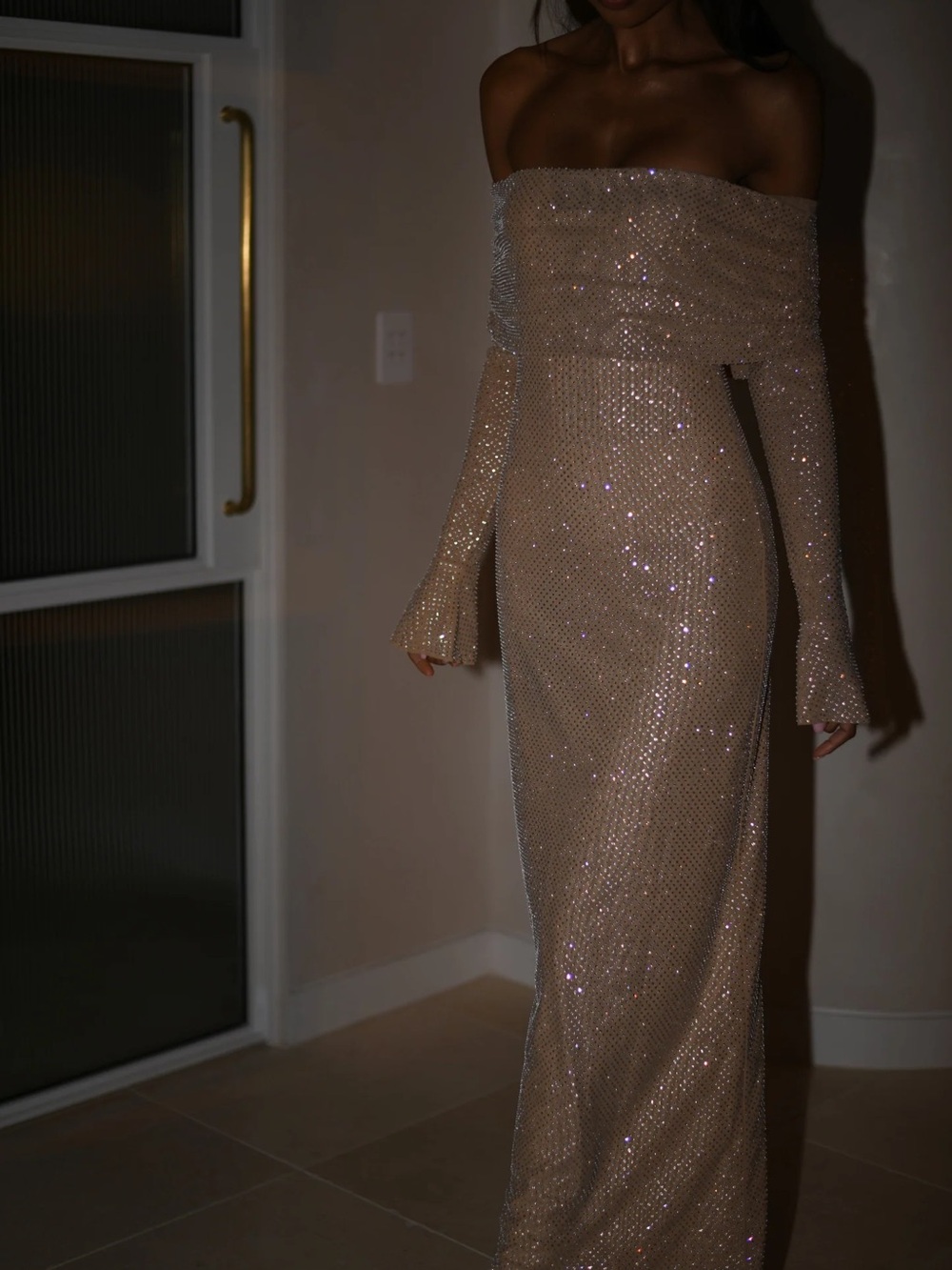 ✨Marcel Off Shoulder Diamante Maxi Dress - Nude XXL NWT✨